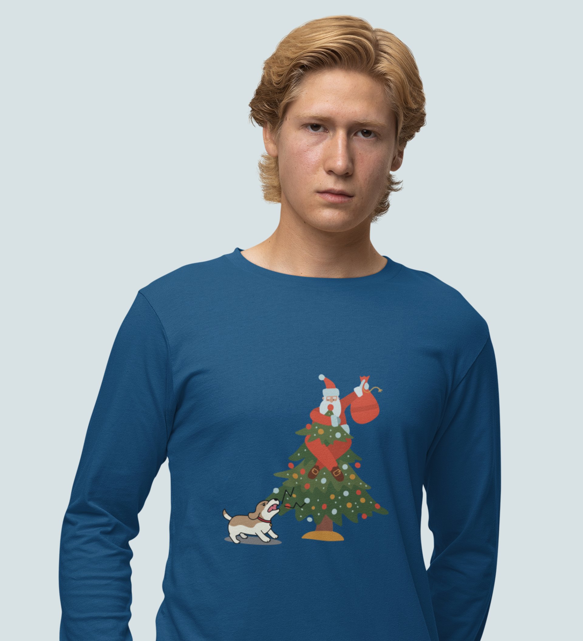 Frightened Santa: Cute DesignerFull Sleeve T-shirt For Christmas Blue Best Gift For Boys Girls