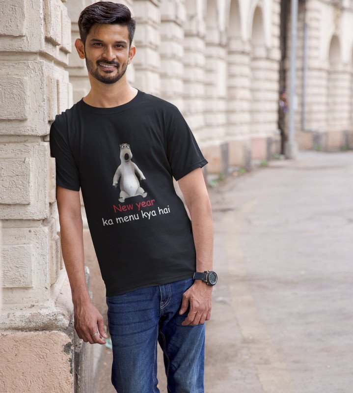 What's There For New YearBlack New Year Printed T-shirt For Mens