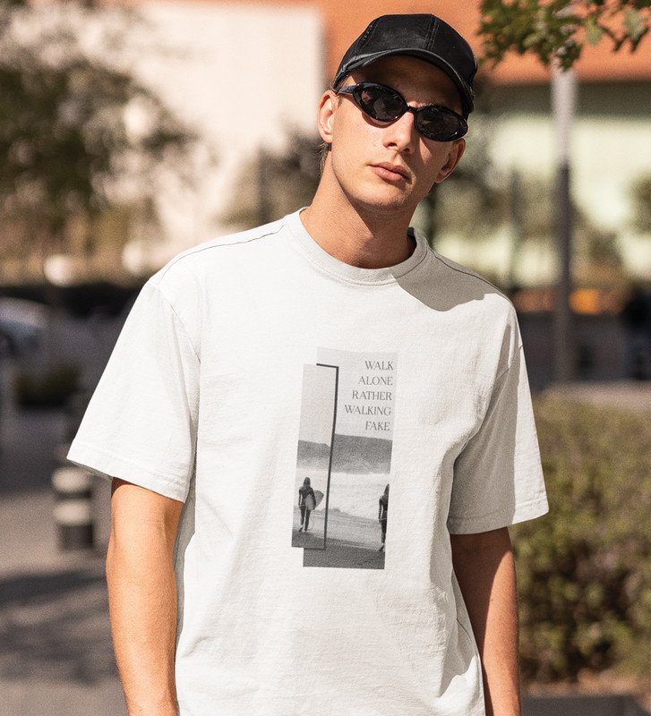 Real Talk Real Walk by White Urban Vibes: Front Printed Oversized Round Neck Tee - Men's Street Style"