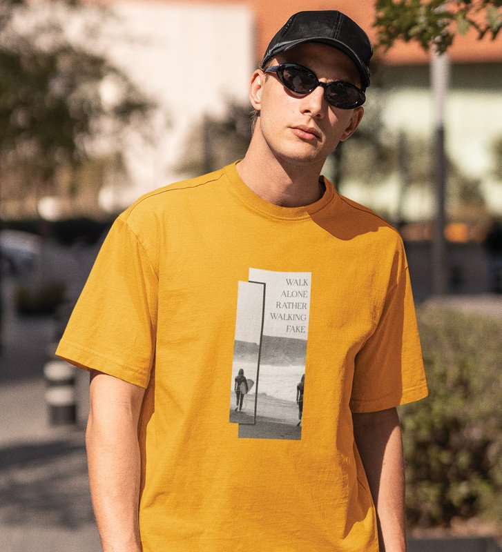 Real Talk Real Walk by Yellow Urban Vibes: Front Printed Oversized Round Neck Tee - Men's Street Style"
