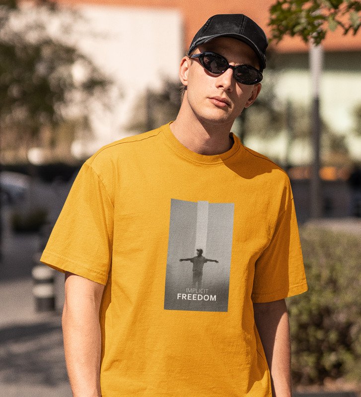 Unspoken Freedom, Dynamic Impressions: Yellow Men's Trendy Round Neck T-Shirt with Front Print