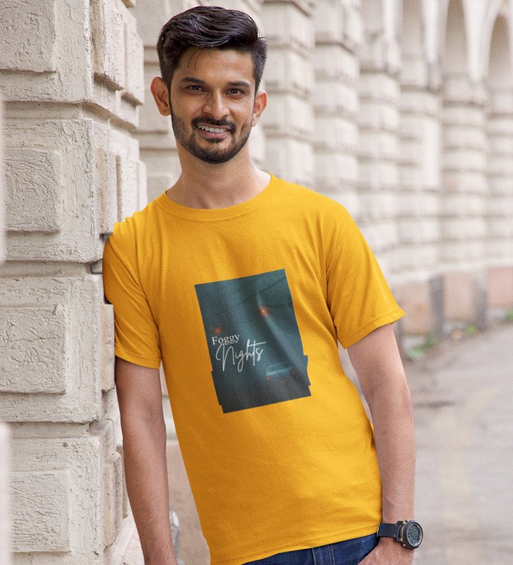 Blur Nights, Yellow Street Symphony: Front Printed Men's Oversized Tee - Urban Elegance