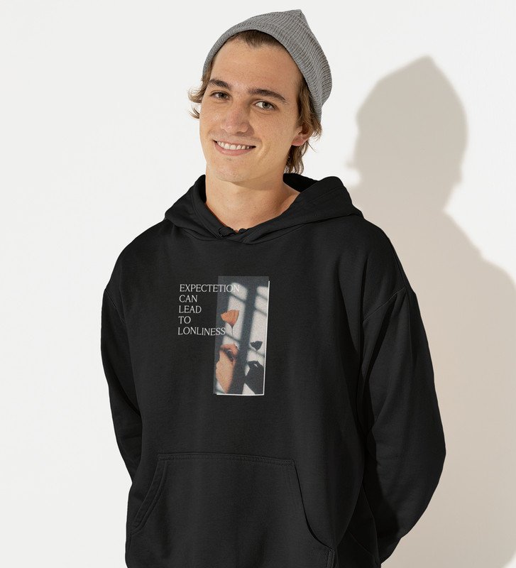 Expectation Hurts,Bold and Beyond:Black Front Printed Round Neck Hoodies - Men's Fashion Forward