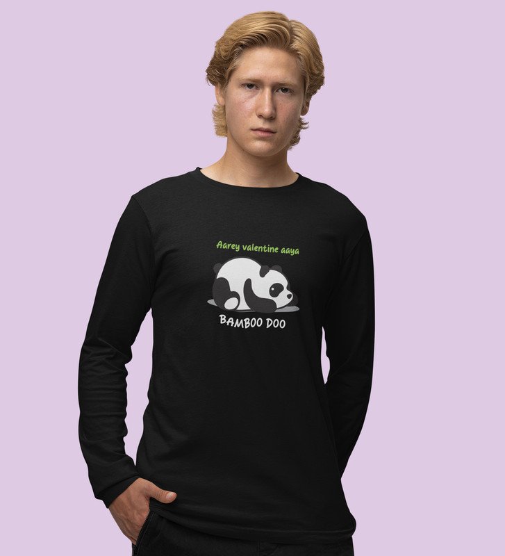 Panda Wants Bamboo: Attractive Printed (black) Full Sleeve T-Shirt For Singles