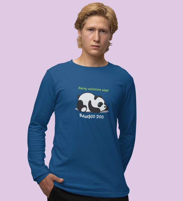 Panda Wants Bamboo: Attractive Printed (blue) Full Sleeve T-Shirt For Singles