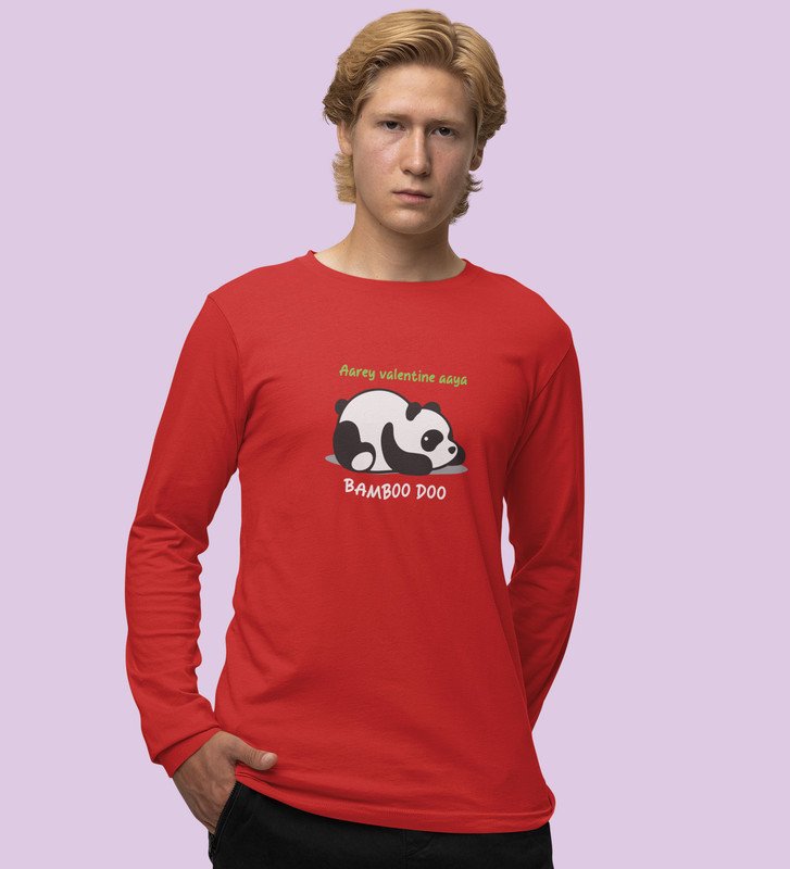 Panda Wants Bamboo: Attractive Printed (red) Full Sleeve T-Shirt For Singles