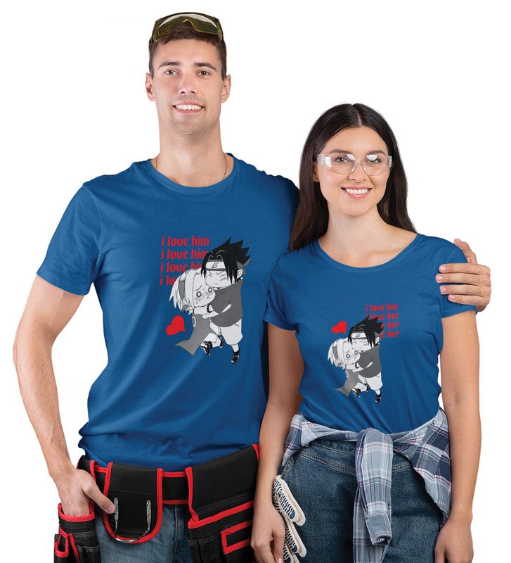 I Love Her/I Love Him (blue) T-shirts Printed For Couples
